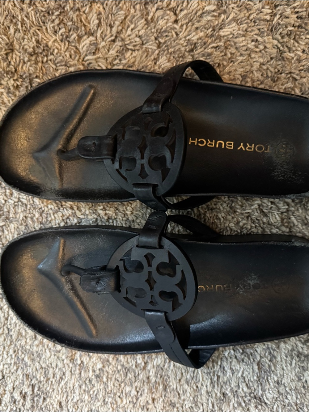Tory Burch Black Leather Logo Thong Sandals
